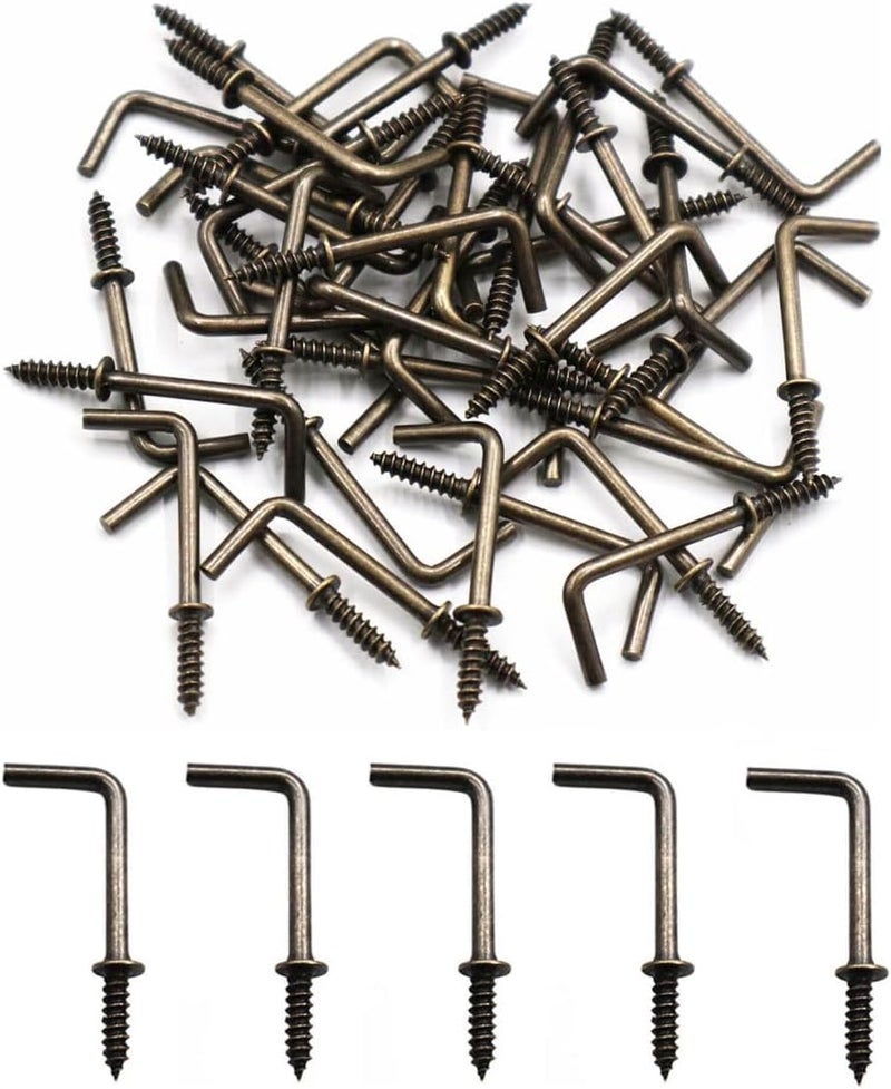 IDEALSV Antique Brass 1 Inch 1 Shape Screw Hooks L Shape Hook Vintage Bronze 7 Shape Right Angle Medal Hanger (80 Pack) - Image 1